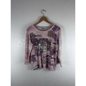 Nicole Miller Womens Large Pink Wine Grape Graphic Top 3/4 Sleeve